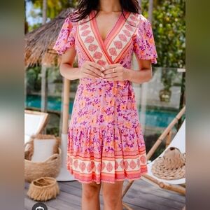 XL Zessica Boho Cottagecore Patchwork Print Wrap Dress Y2K Pink Orange Floral